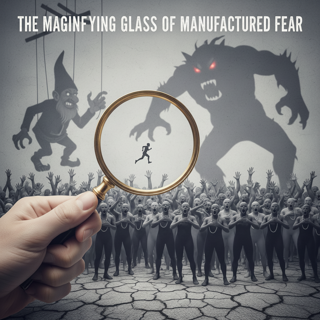 The Magnifying Glass of Manufactured Fear Poster – Satirical Wall Art on Media Panic