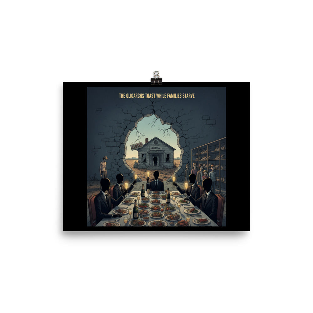 The Oligarchs Toast While Families Starve Poster – Dark Satirical Wall Art on Inequality