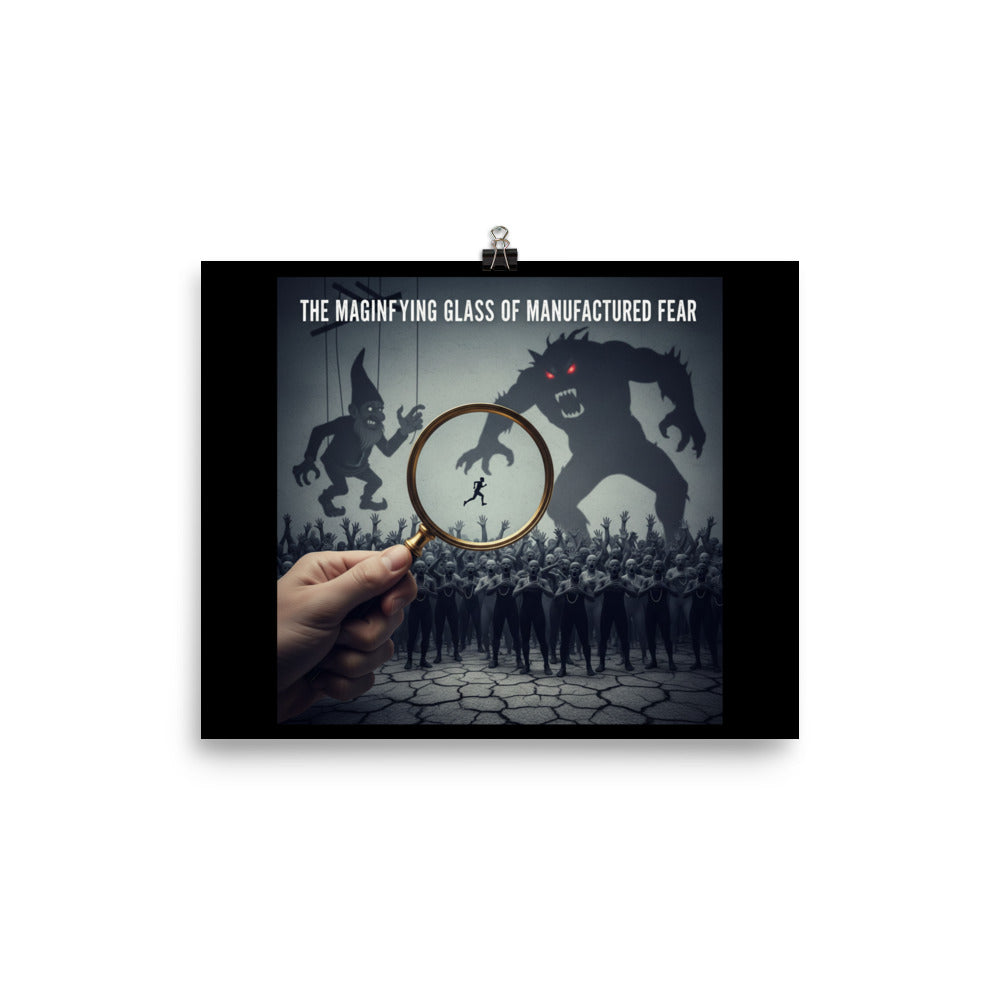 The Magnifying Glass of Manufactured Fear Poster – Satirical Wall Art on Media Panic