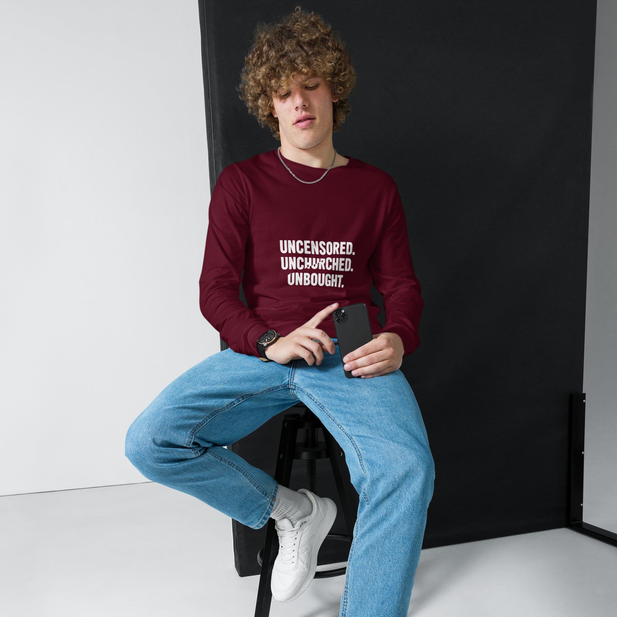 Uncensored. Unchurched. Unbought. Long Sleeve Shirt – Satirical Protest Wear for Rebels and Free Thinkers