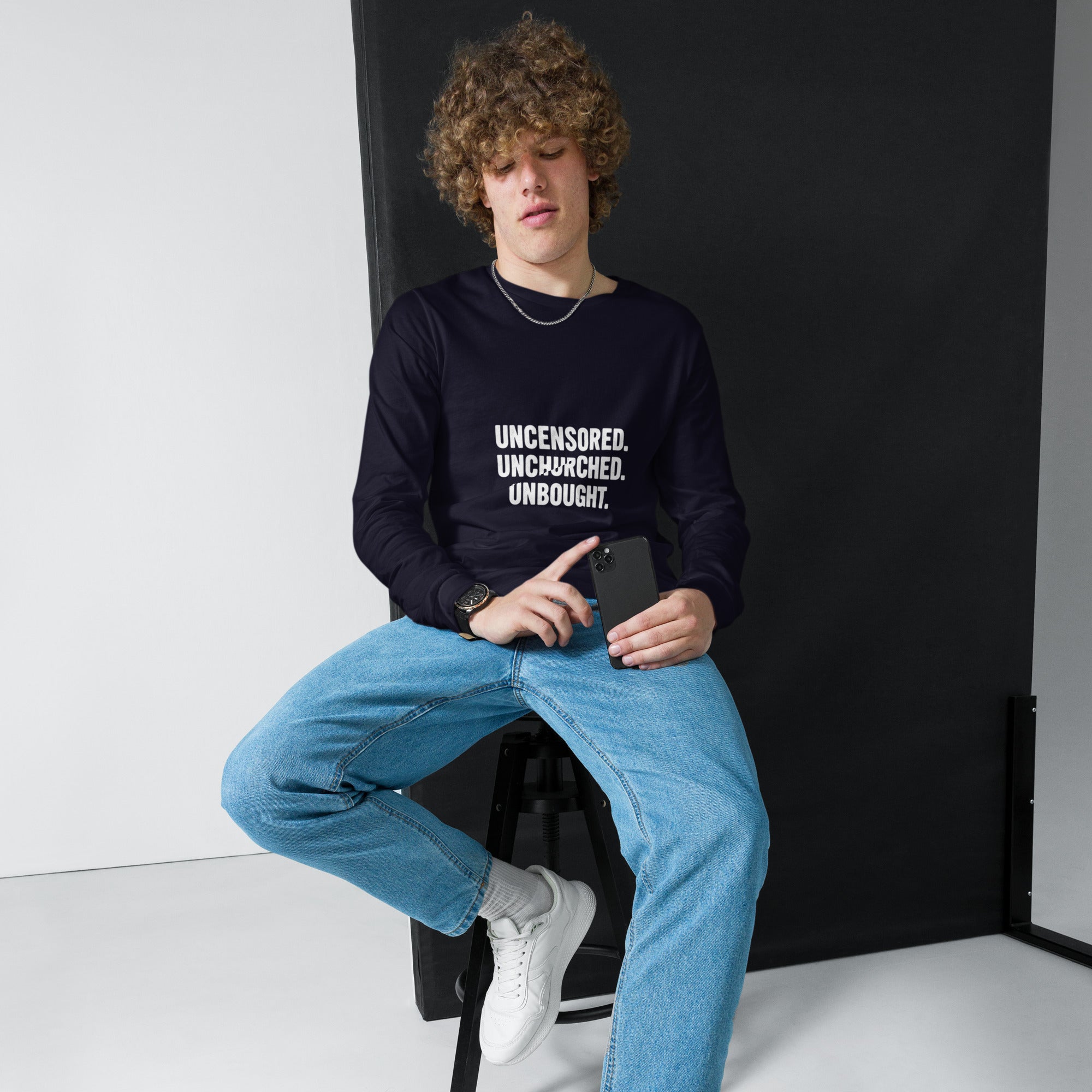 Uncensored. Unchurched. Unbought. Long Sleeve Shirt – Satirical Protest Wear for Rebels and Free Thinkers