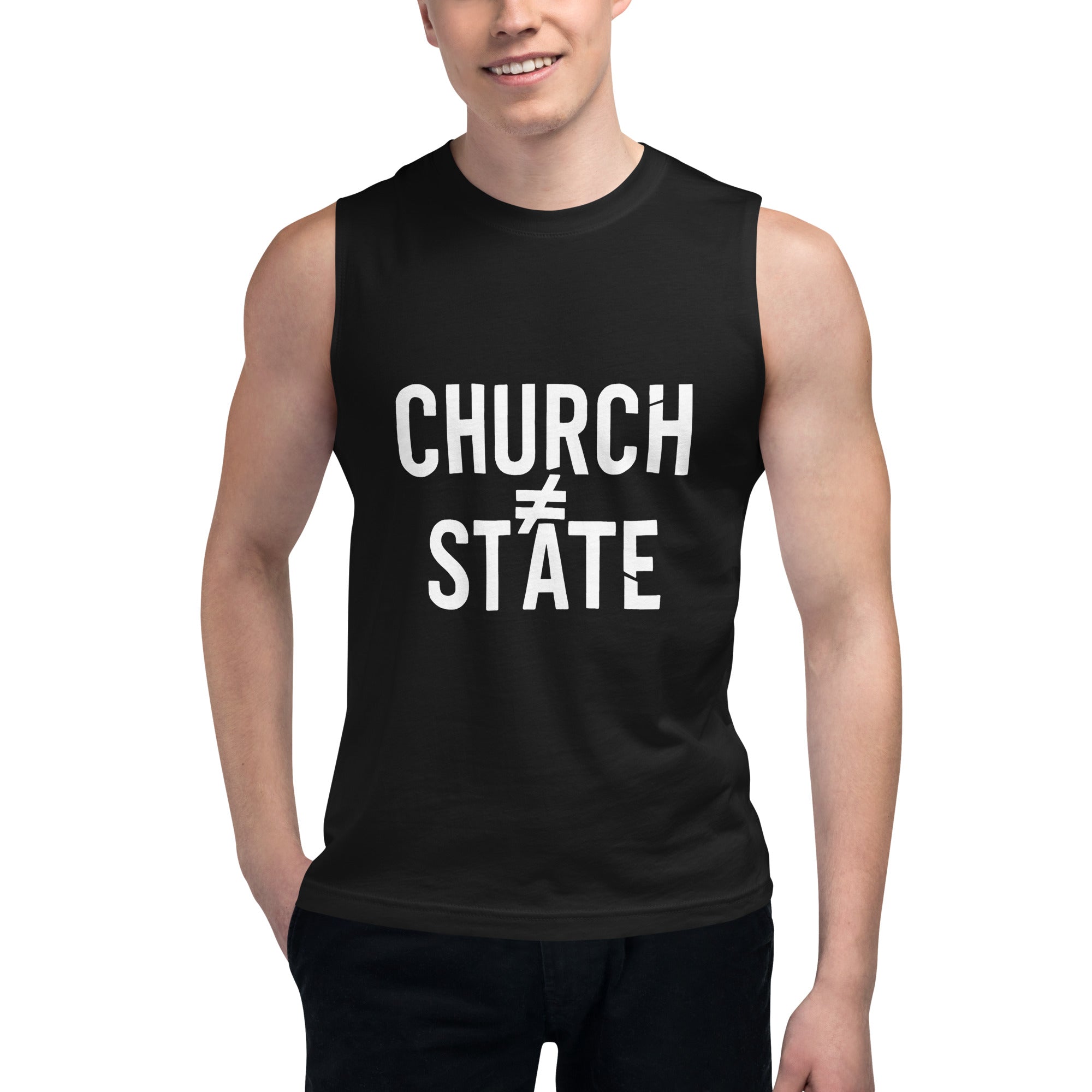 Rebellion, but breezy. This “Church ≠ State” tank keeps your arms free and your sarcasm sharp.